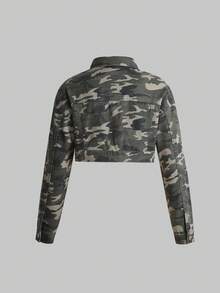 Teen Girl Camo Print Patch Detail Denim Jacket - Army Green - View 2