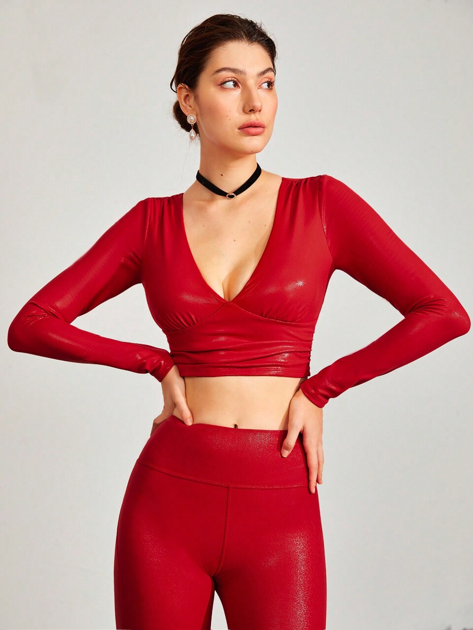 Foiled Leather Effect Shine On Me V-Neck Active Top Light Support