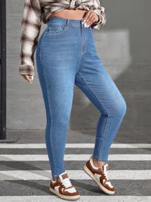 SHEIN EZwear 大碼拉絲織物保暖高腰漂白水洗緊身牛仔褲 - 藍色 - 查看 5