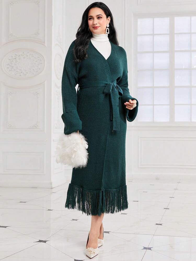 Plus Fringe Hem Belted Cardigan Without Top