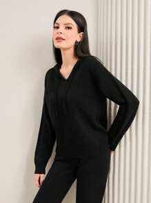Mulvari Thả vai Dây rút áo có mũ Áo len & Quần dệt kim - màu đen - Xem 4