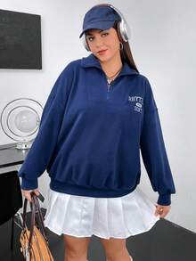 Flirla 大碼字母刺繡半拉鏈落肩袖運動衫 - 藏蓝色 - 查看 7