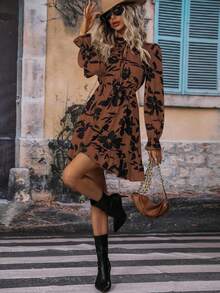 SHEIN Clasi Floral Print Tie Neck Flare Sleeve Ruffle Hem Dress - Orange - View 3