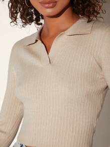 SHEIN BASICS Solid Ribbed Knit Crop Sweater - Apricot - View 4