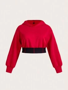 SHEIN ICON Áo sweatshirt crop tay rớt vai cỡ lớn với chi tiết sừng - Đỏ - Xem 2