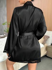 Snug Zone 蕾丝边饰腰带缎面睡袍，奢华休闲服饰，秋冬款 - 黑色 - 查看 2