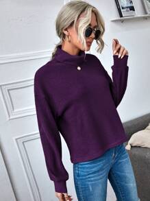 SHEIN LUNE Funnel Neck Drop Shoulder Waffle Knit Tee - Purple - View 3