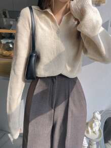 DAZY 纯色落肩毛衣、长袖上衣、秋装 - 杏色 - 查看 4