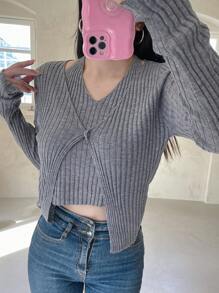 DAZY Ribbed Knit Halter Knit Top & Cardigan Fall - Grey - View 3