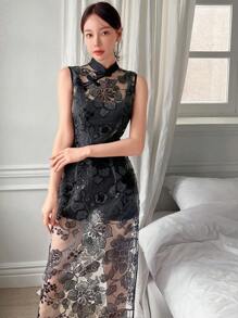 EastFlair Thêu hoa Lưới Tách đùi Đầm - màu đen - Xem 4