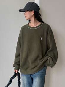 FRIFUL Figure Embroidery Top-stitching Drop Shoulder Sweatshirt - Green - View 6
