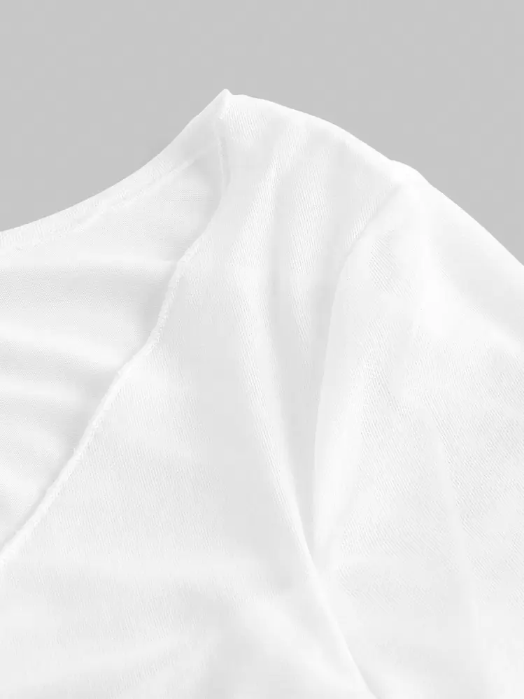 SHEIN MOD Tie Trước Ren Mộc nhĩ Áo thun - trắng - Xem 4