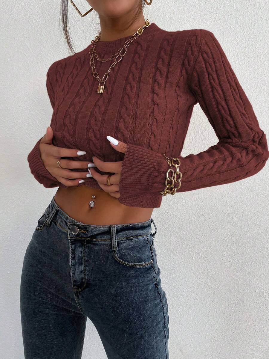 SHEIN Essnce Cable Knit Crop Sweater - Burgundy - View 1