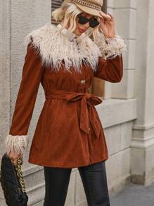 Chiquease 毛茸邊腰帶燈芯絨大衣 - 棕色 - 查看 5