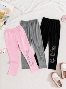 SHEIN 女孩3入組卡通圖案緊身打底褲