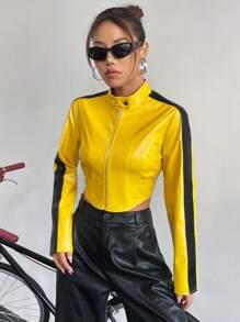 SHEIN Unity 女士时尚机车拉链短夹克 - 黃色 - 查看 6