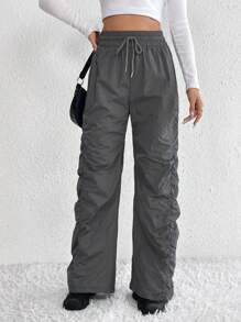 SHEIN Tall Drawstring Waist Ruched Parachute Pants - Grey - View 1