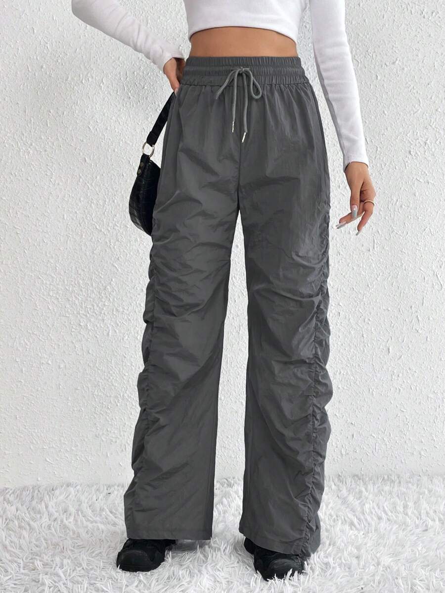 SHEIN Tall Drawstring Waist Ruched Parachute Pants - Grey - View 1