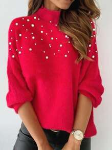 Pearls Beaded Mock Neck Drop Shoulder Fluffy Knit Sweater - Red - View 1