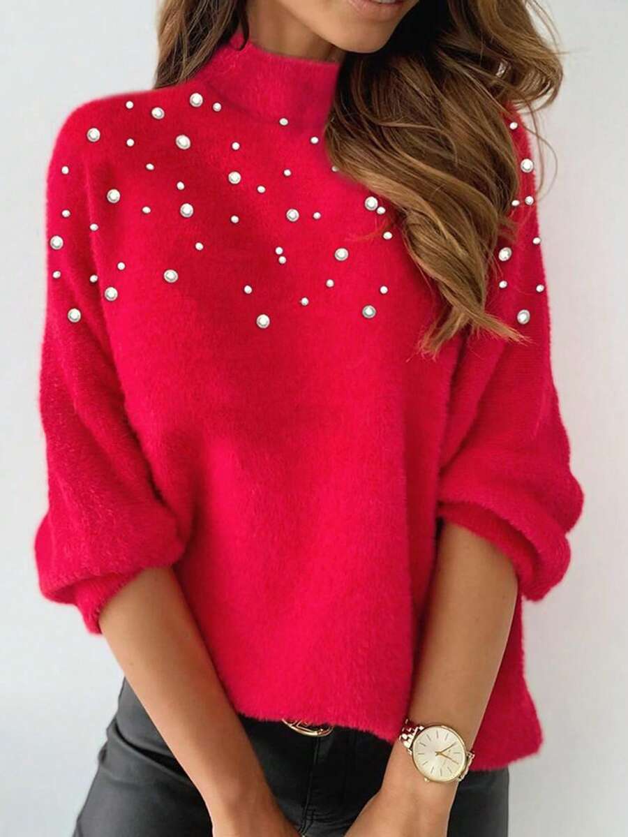Pearls Beaded Mock Neck Drop Shoulder Fluffy Knit Sweater - Red - View 1