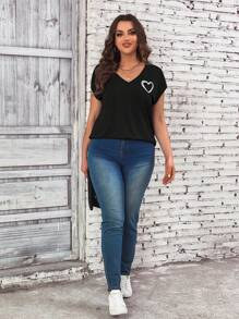 SHEIN LUNE Plus Heart Print Batwing Sleeve Black Top, Summer Tee