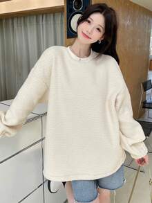 DAZY Solid Drop Shoulder Oversized Sweatshirt - White - View 2