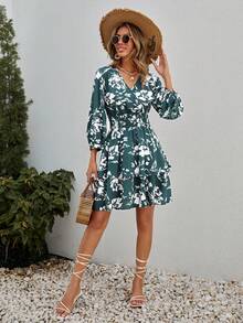 SHEIN VCAY Floral Print Lantern Sleeve Dress - Green - View 3