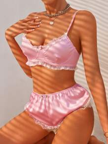 SHEIN Lace Trim Satin Lingerie Set - Pink - View 5