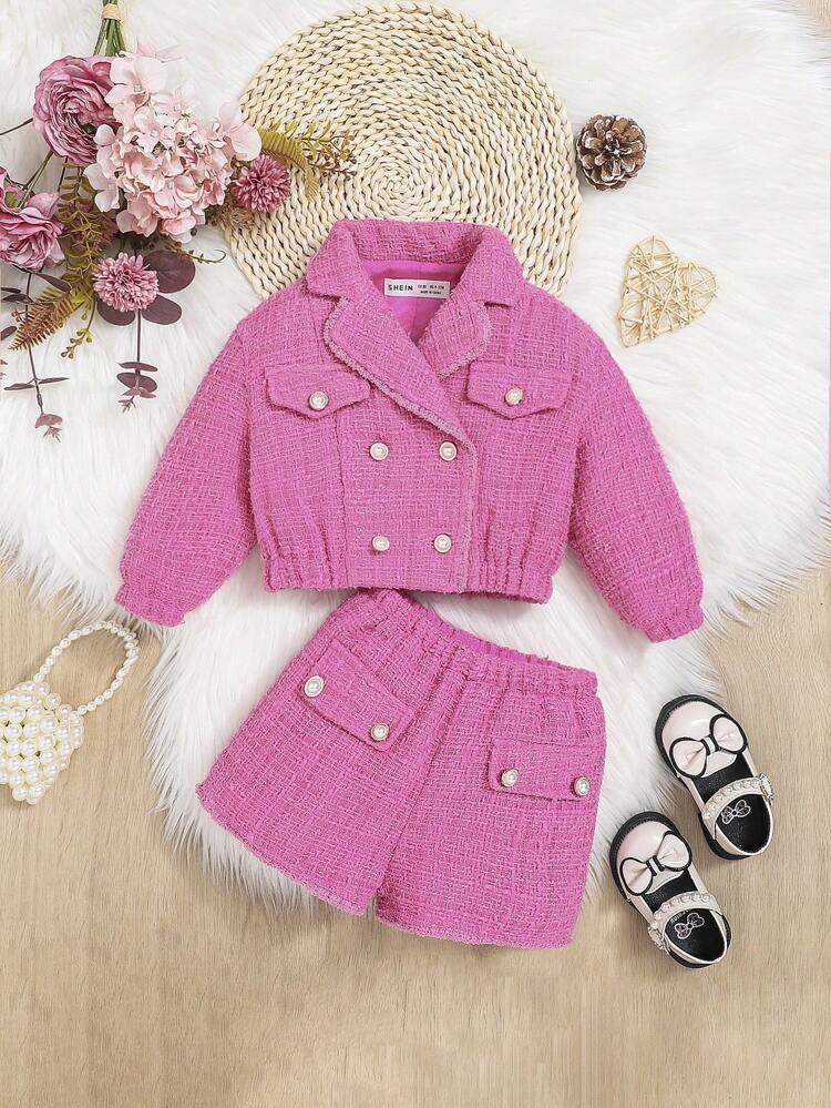 Baby Girl Flap Detail Double Breasted Jacket & Shorts