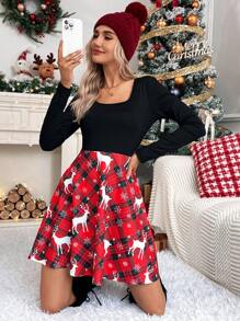 SHEIN LUNE Christmas Print Scoop Neck Dress - Black - View 4