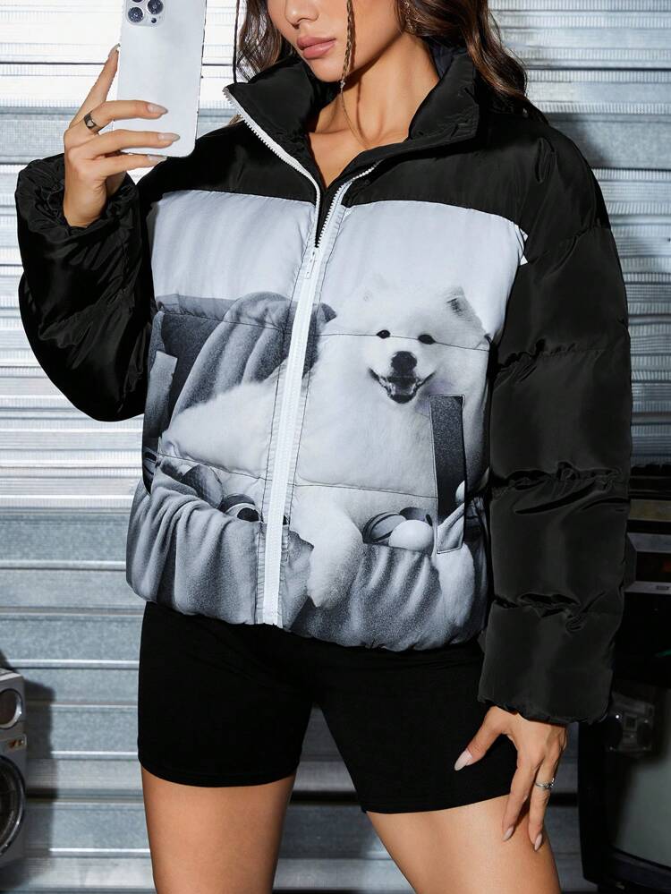 Dog Print Drop Shoulder Zipper Padded Coat