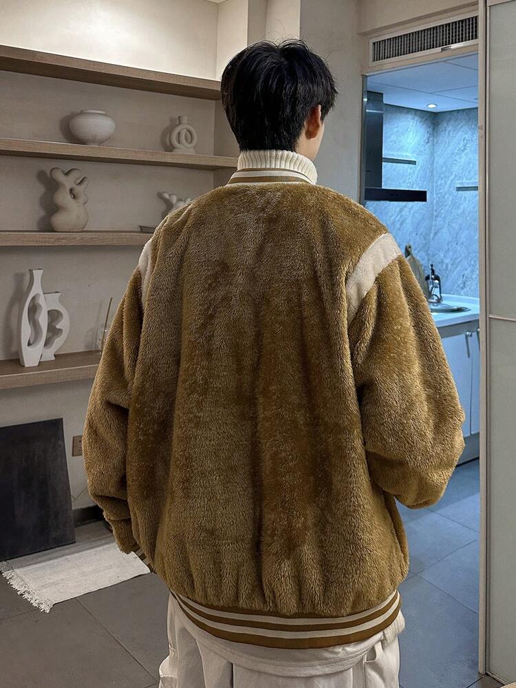 Loose Fit Men's Flannel Bomber Jacket With Contrast Panel And Drop Shoulder