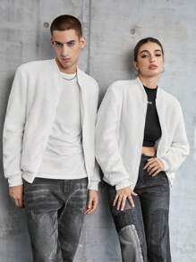 SWAVVY 男士拉鍊束縛泰迪寬鬆飛行外套 - 白色 - 查看 1