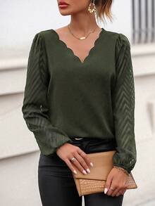 SHEIN Clasi Scallop Trim Lantern Sleeve Blouse - Army Green - View 6