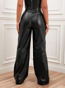 EURMUSE Quần giả da cạp cao ống rộng dành cho nữ - màu đen - Xem 2