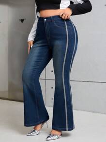 SHEIN ICON 大碼拼接側邊接縫牛仔喇叭褲 - 深色水洗藍 - 查看 1