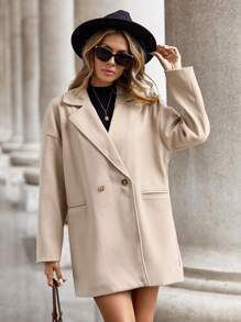 SHEIN LUNE Lapel Neck Drop Shoulder Double Button Overcoat - Apricot - View 4