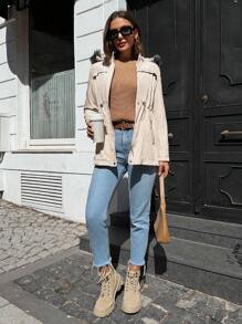RueChic Drawstring Waist Fuzzy Trim Hooded Parka Coat - Khaki - View 5