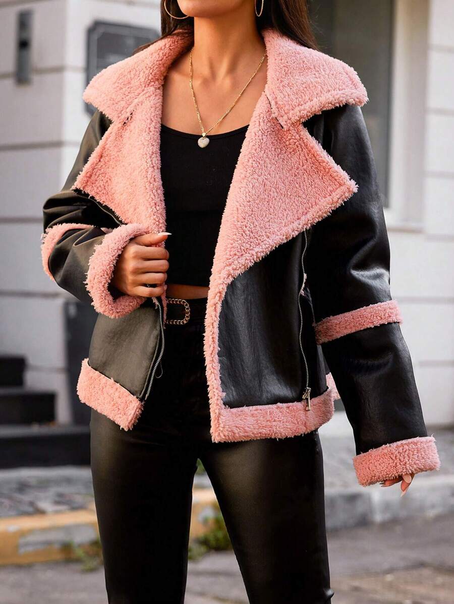 EURMUSE Teddy Lined Zip Up Moto Jacket - Black - View 1