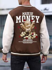 Manfinity Roughcore 男士大码1入組標語和卡通圖案雙色條紋飾邊學院風夾克 - 彩色 - 查看 1