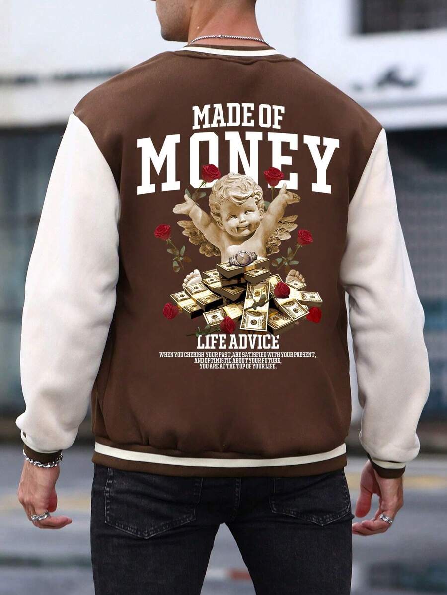 Manfinity Roughcore 男士大码1入組標語和卡通圖案雙色條紋飾邊學院風夾克 - 彩色 - 查看 1