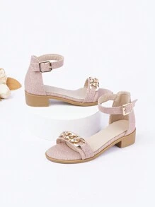 Girls Chain Decor Chunky Heeled Ankle Strap Sandals - Pink - View 4