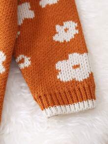 Baby Girl Floral Pattern Contrast Trim Raglan Sleeve Knit Jumpsuit - Khaki - View 4