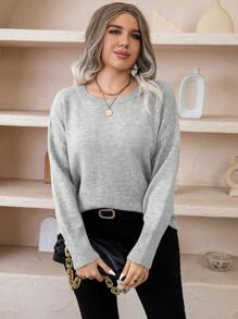 SHEIN LUNE Plus Drop Shoulder Sweater - Light Grey - View 5