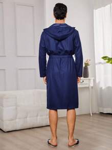 Hombres Bata con cinturón con doble bolsillos con capucha - Azul Marino - Ver 2