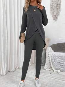 SHEIN LUNE Solid Tulip Hem Tee & Leggings - Grey - View 1