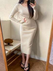DAZY Vestido de punto unicolor tejido de canalé con abertura trasera - Albaricoque - Ver 6