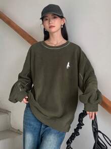 FRIFUL Figure Embroidery Top-stitching Drop Shoulder Sweatshirt - Green - View 1