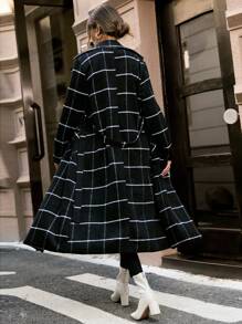 SHEIN Unity Plaid Print Belted Overcoat - Black - View 2
