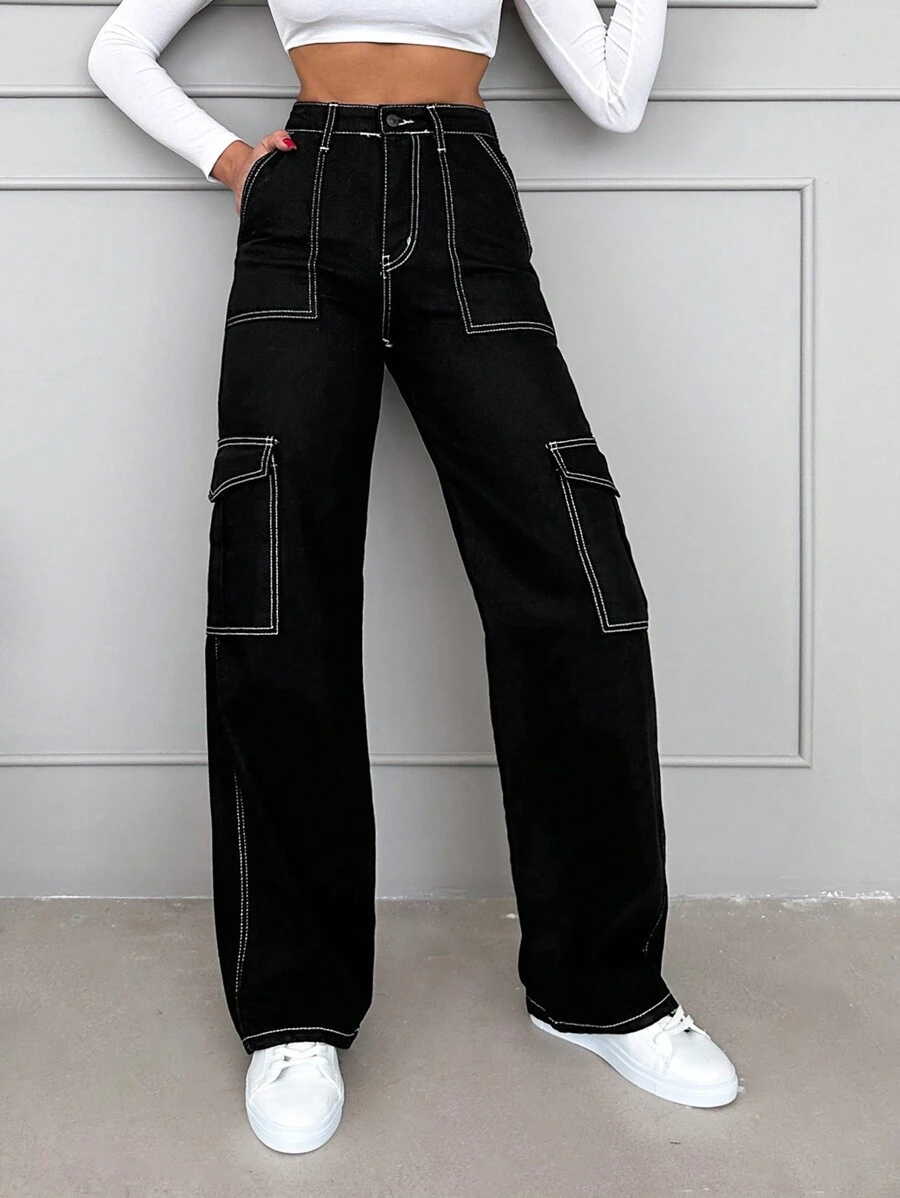 RueChic High Waist Top-stitching Flap Pocket Side Cargo Jeans - Black - View 1